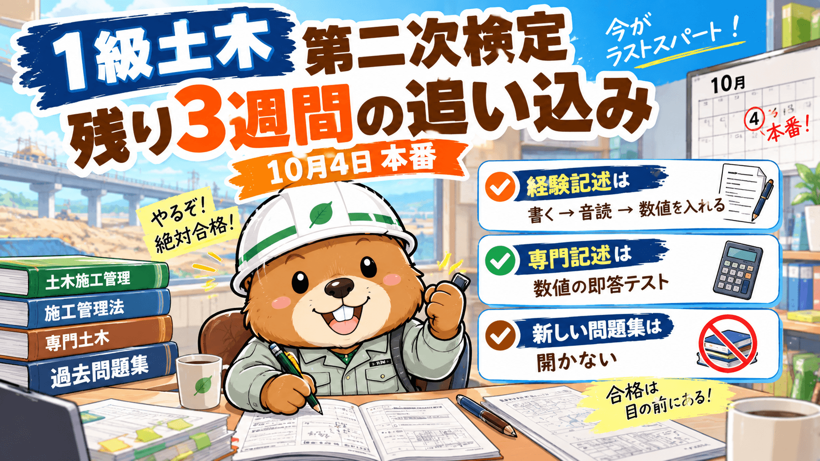 1級土木 第二次検定(10月4日)残り3週間の追い込み【日別プランと最終チェック】